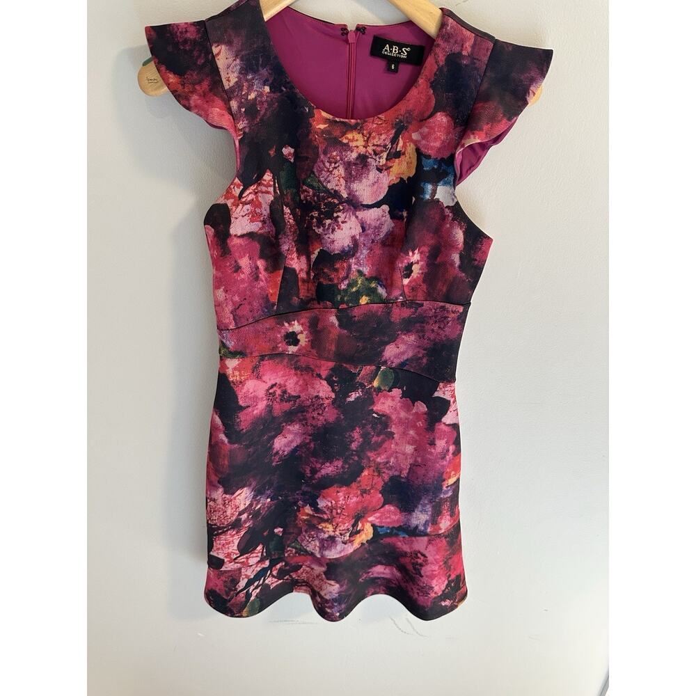 ABS Collection Floral Bodycon Dress Size 6 Pink Black Cap Sleeve Mini Y2K